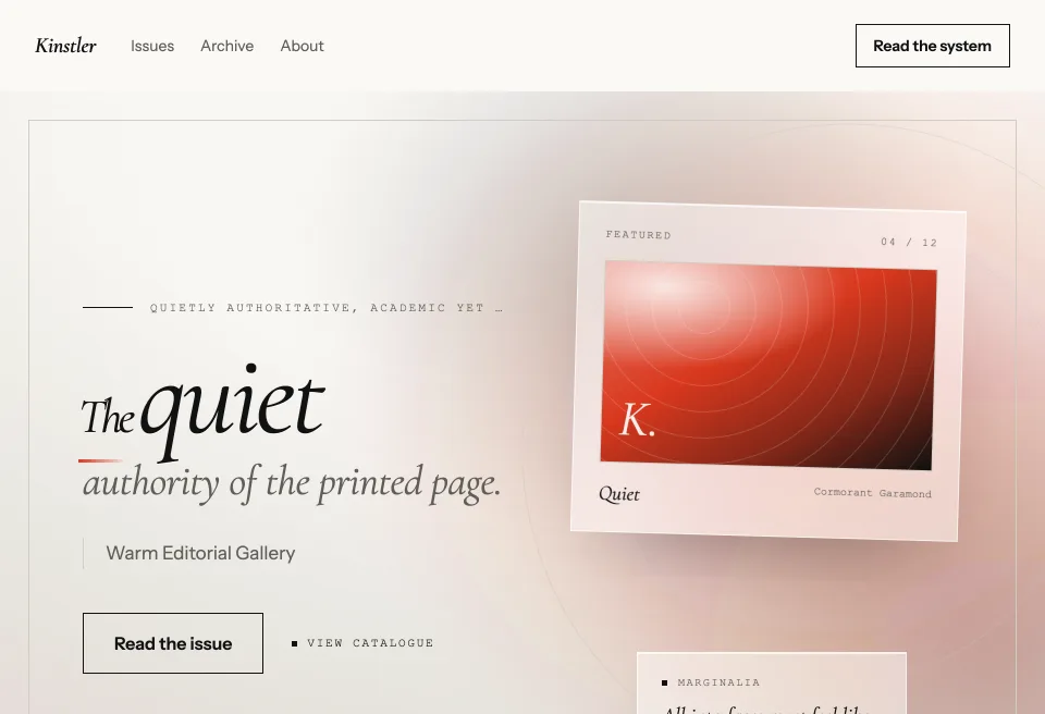 A Wadevo-generated brand — Kinstler, a warm editorial design system: serif display hero, hairline rules, restrained vermillion accents.